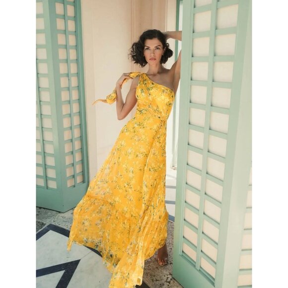 Robe De Soirée JS Boutique Jaune Taille 14 - Chiffon Perlé, Dos Nu Halter | Neuf Sans étiquette, Longueur Sol